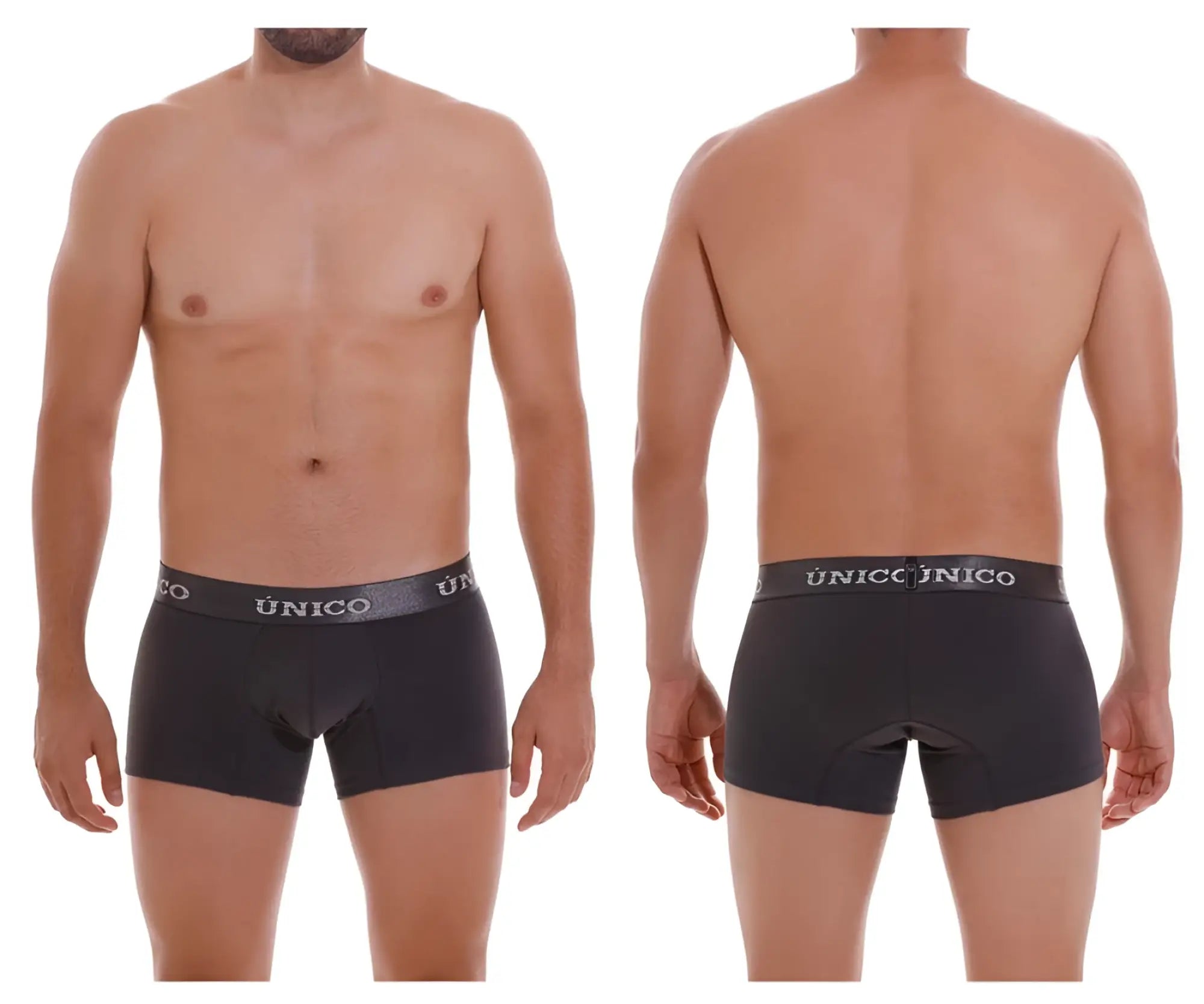 Black unico men’s briefs with gray elastic waistband featuring white brand name in dark gray color model 22120100104