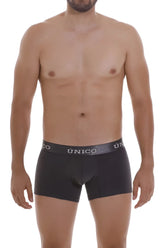 Black unico trunks with gray waistband featuring unico brand name in white dark gray color model 22120100104 asfalto