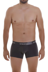 Black unico trunks with gray waistband featuring unico brand name in white dark gray color model 22120100104 asfalto