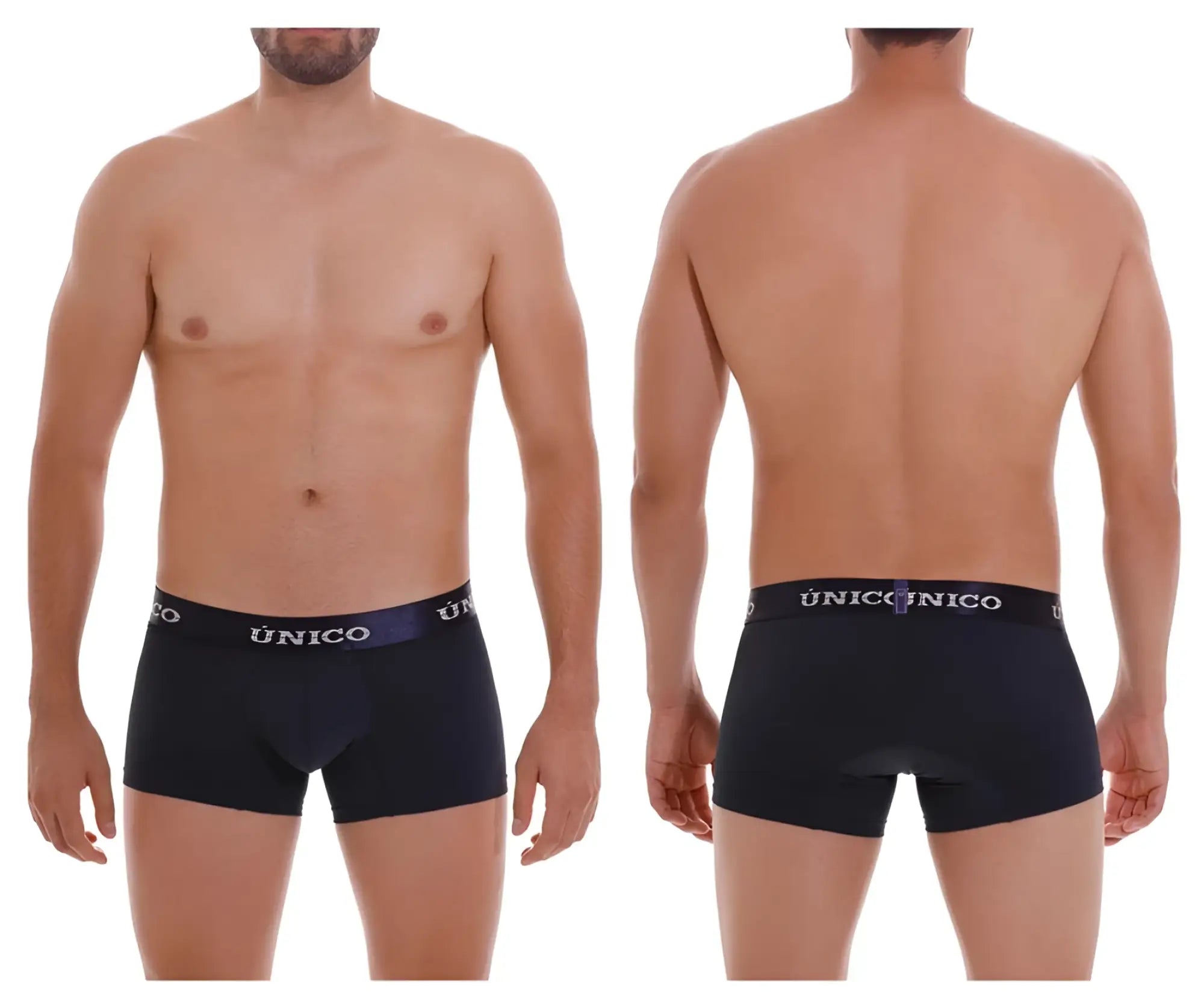 Unico 22120100106 Profundo M22 black boxer briefs with purple waistband and white brand name lettering