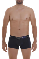 Black unico men’s briefs with navy blue waistband featuring white unico branding in color 82-dark blue trunks