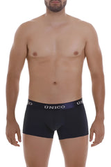 Black unico men’s briefs with navy blue waistband featuring white unico branding in color 82-dark blue trunks