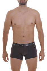 Black unico men’s boxer briefs with gray elastic waistband and white brand name in dark gray color for everyday wear