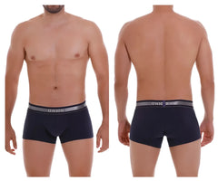 Navy blue unico brand briefs with silver and gray elastic waistband featuring the unico logo dark blue trunks