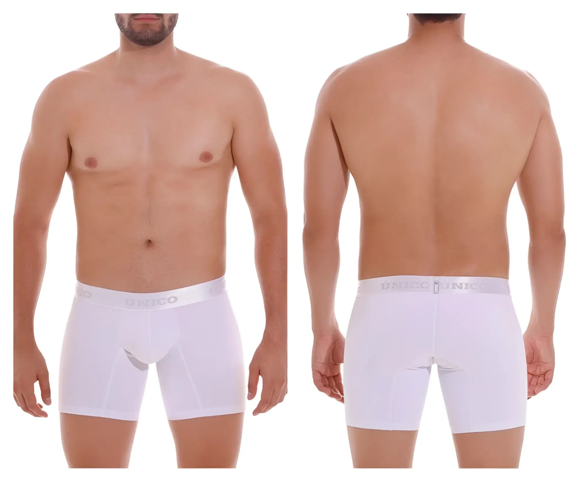 White unico men’s boxer briefs with smooth form-fitting design and subtle gray branding on waistband in color 00-white