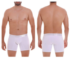 White unico men’s boxer briefs with smooth form-fitting design and subtle gray branding on waistband in color 00-white