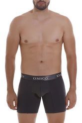 Black unico men’s boxer briefs in dark gray with gray elastic waistband featuring the unico logo