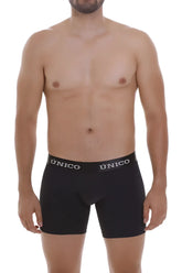Black unico boxer briefs with a white logo band featuring comfortable stretch fabric for everyday wear