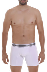 White unico men’s lustre boxer briefs with gray elastic waistband and black brand lettering color 00-white