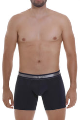 Black unico men’s boxer briefs with gray elastic waistband and white unico logo in dark blue color