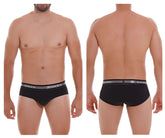 Black unico mens briefs with gray elastic waistband featuring the brand name in white lettering color 99 black