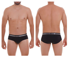 Black unico mens briefs with gray elastic waistband featuring the brand name in white lettering color 99 black