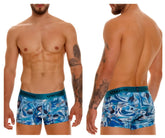 Blue and white abstract patterned unico 23080100106 atlantida trunks with teal elastic waistband boxer briefs