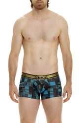Unico 24010100104 esquema trunks in blue with black geometric pattern and gold waistband boxer briefs front view