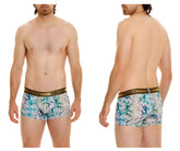 Men’s unico 24020100105 gasoleo trunks in vibrant blue white marble pattern with gold elastic waistband front view