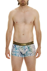 Men’s unico 24020100105 gasoleo trunks with white base blue green abstract splatter and gold elastic waistband