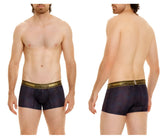 Dark blue unico 24020100106 laca trunks with geometric pattern and gold trim waistband in black color