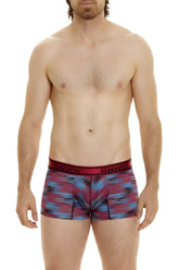 Men’s unico boxer briefs featuring a vibrant abstract maroon and blue pattern with a red elastic waistband