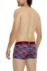Men’s unico 24020100112 yute trunks boxer briefs in red with vibrant blue abstract pattern and matching elastic waistband