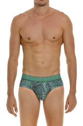 Green patterned briefs with textured abstract design and unico brand waistband in color 43 green