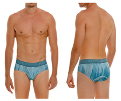 Blue patterned men’s briefs with a textured waistband featuring the unico brand name color 43-blue