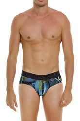 Men’s dkny unico trino briefs in blue and green pattern with black elastic waistband for comfortable wear