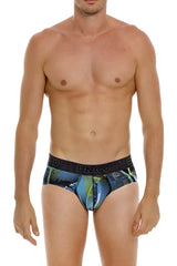 Men’s dkny unico trino briefs in blue and green pattern with black elastic waistband for comfortable wear