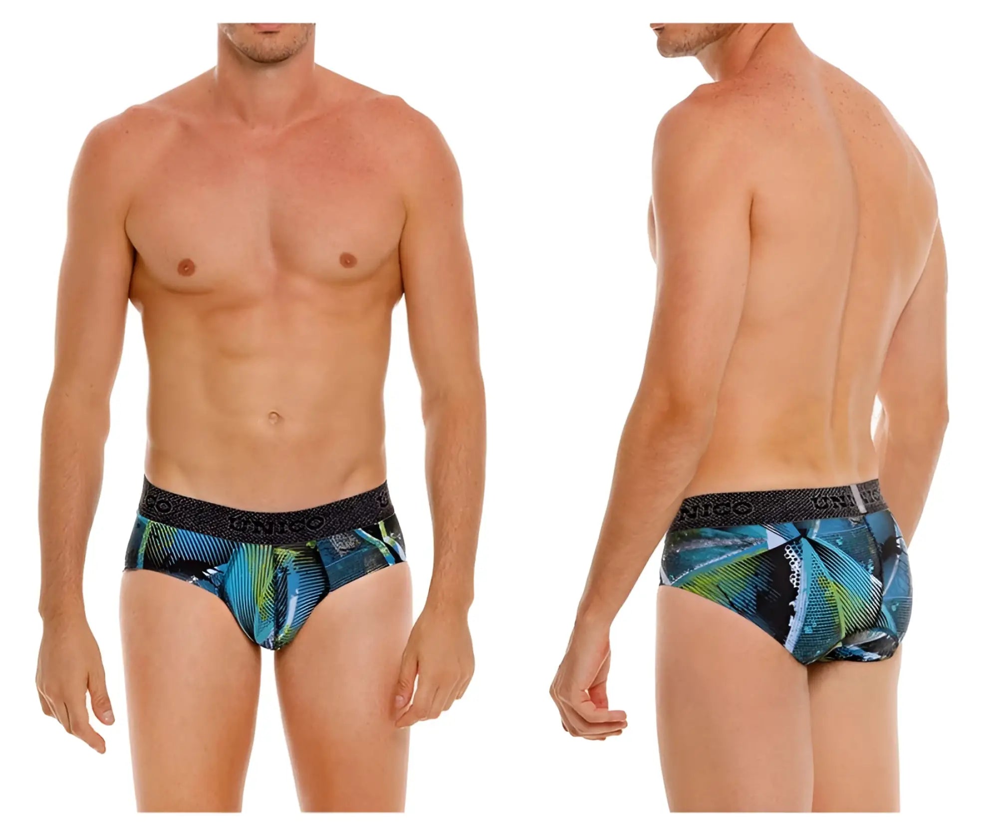 Unico 24080101117 Trino briefs men’s blue and green tropical leaf pattern with black elastic waistband