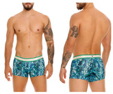 Blue and teal patterned unico titanico trunks with white elastic waistband featuring brand name