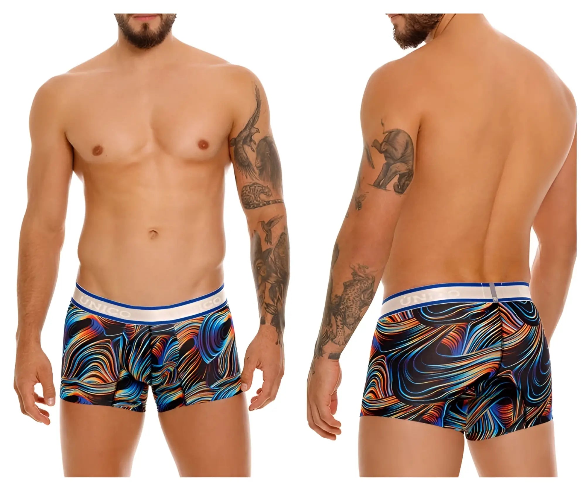 Unico 24100100104 Calamo trunks vibrant abstract wave-patterned men’s boxer briefs in bold blues oranges and purples