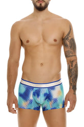 Unico 24100100105 moscatel trunks are blue and turquoise abstract wave-patterned boxer briefs with a white unico waistband