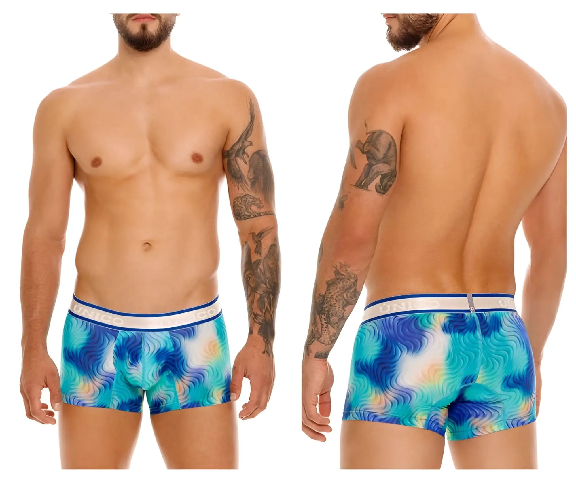 Unico moscatel trunks in blue feature turquoise wave patterns with a white waistband branded with the logo