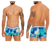 Unico moscatel trunks in blue feature turquoise wave patterns with a white waistband branded with the logo