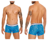 Unico 24100100106 Palindromo trunks blue patterned boxer briefs with white and blue striped waistband front view
