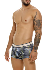 Blue and green patterned Unico Resplandecer boxer briefs with a white elastic waistband featuring the brand name