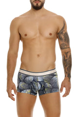 Men’s unico 24100100113 resplandecer trunks with dark blue and gray geometric pattern and white elastic waistband