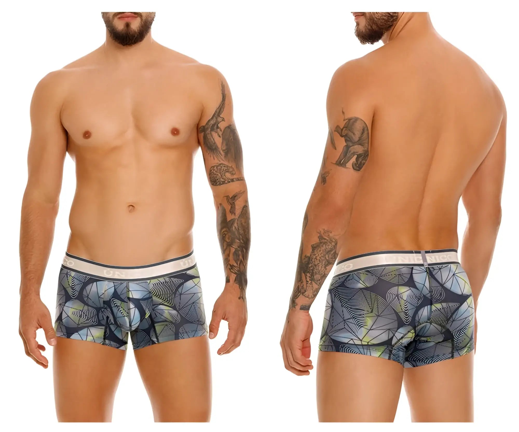 Men’s unico 24100100113 resplandecer trunks boxer briefs with blue gray green abstract leaf pattern on navy base