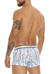 Blue and white wavy patterned unico pomposo trunks with blue elastic waistband for comfortable daily wear
