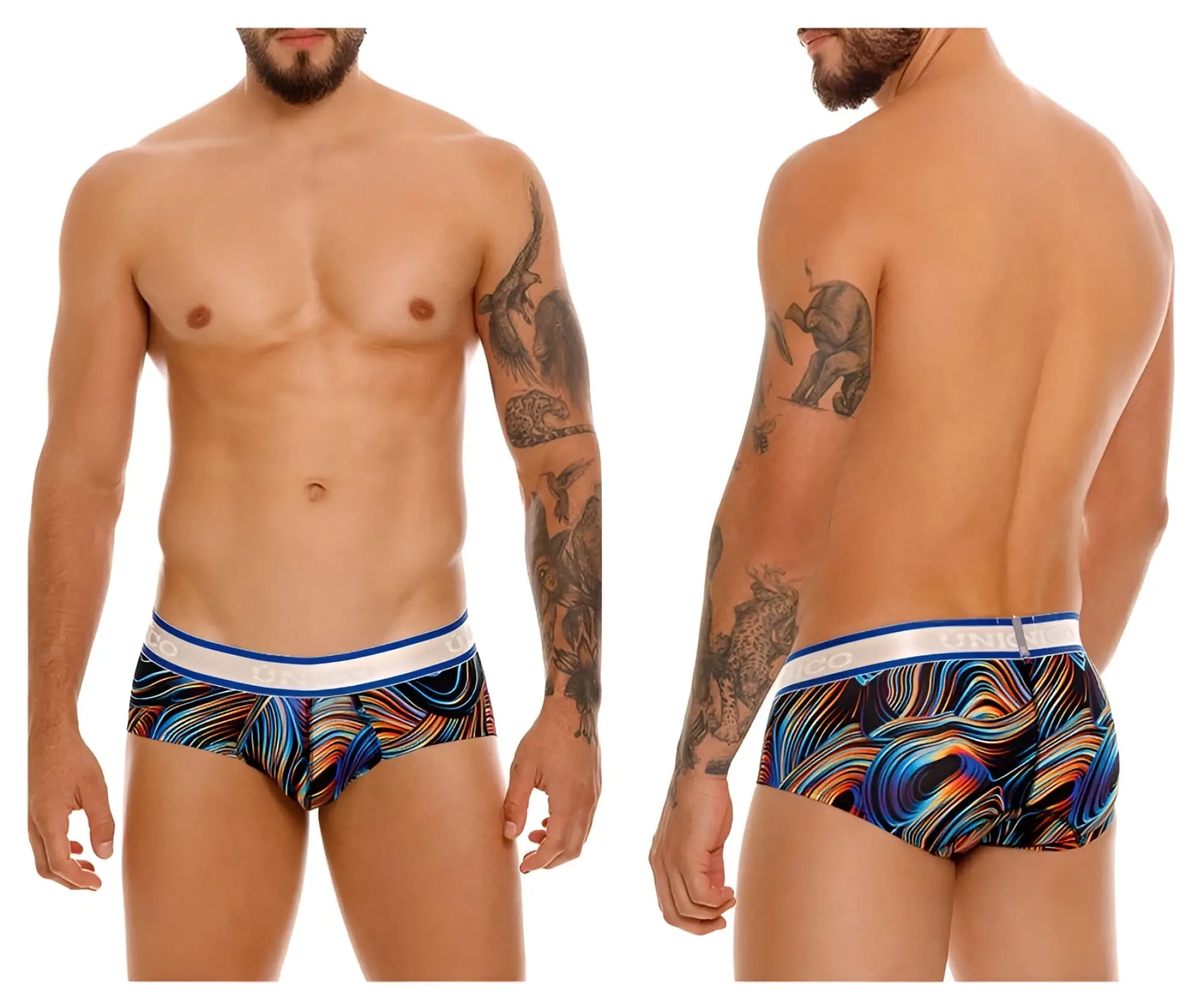 Unico 24100101104 Calamo briefs vibrant multicolored wave-patterned men’s underwear with white and blue waistband