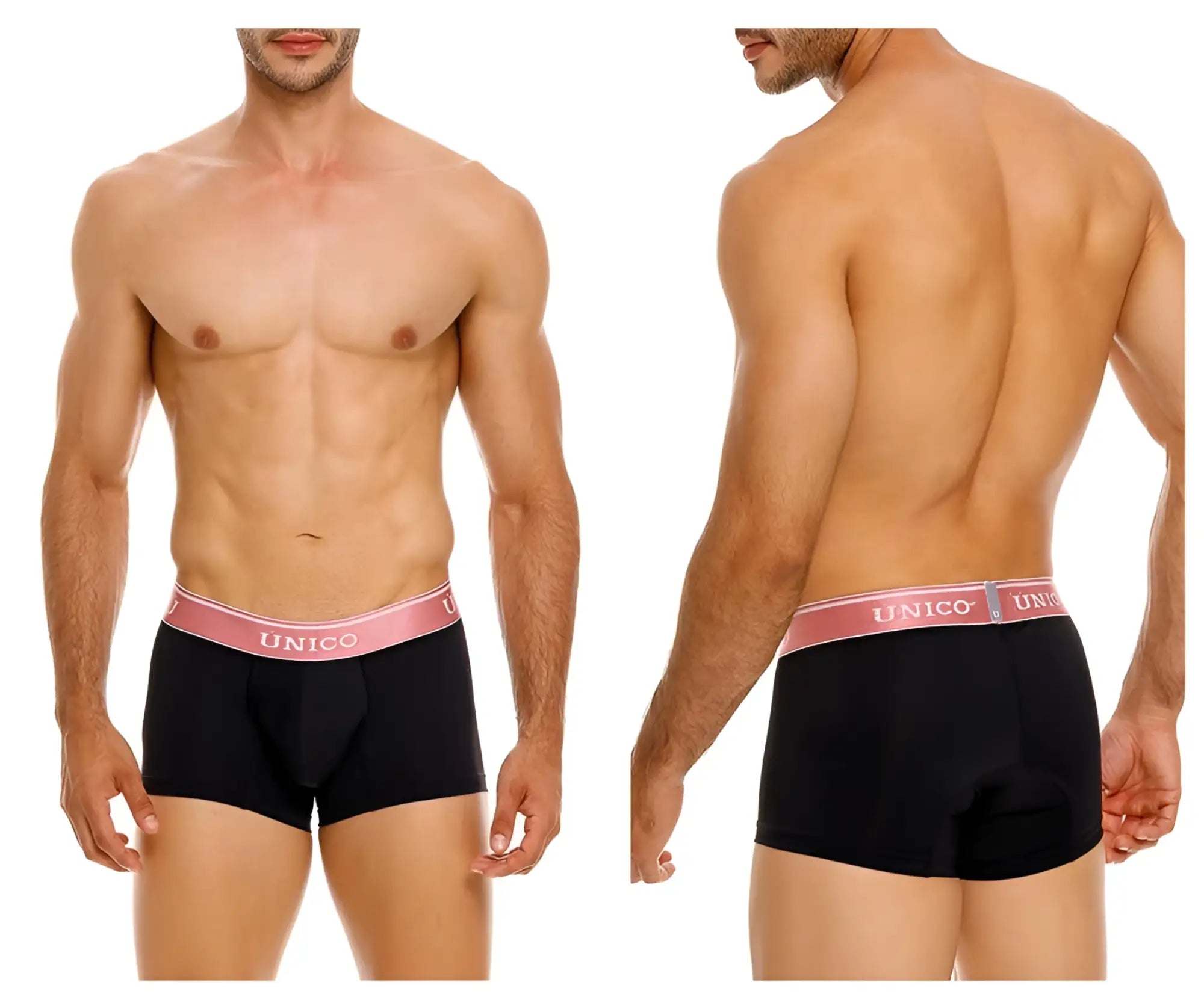 Black unico boxer briefs with a pink oro rosa waistband and white brand lettering in color 99-black
