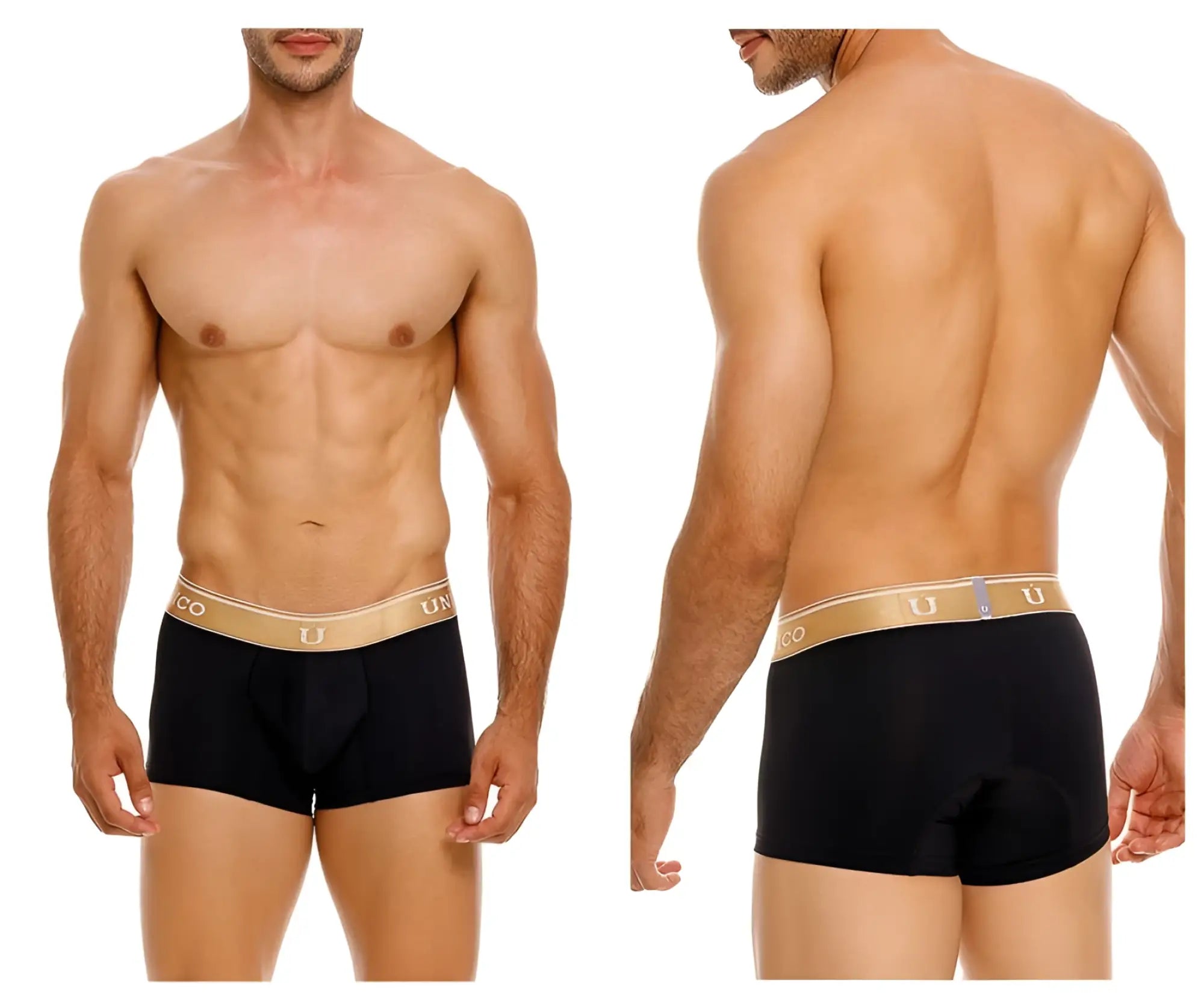 Black mens briefs with gold elastic waistband featuring unico brand logo lingote trunks color 99 black