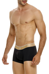 Black unico 24110100110 lingote trunks with tan waistband featuring gold unico branding in front