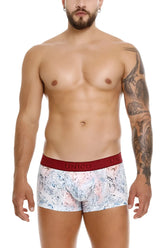 White boxer briefs unico 25020100103 rizo trunks with pink blue abstract pattern and red elastic waistband