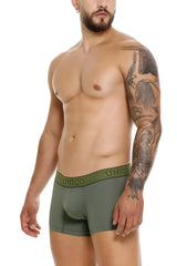 Olive green unico 25020100105 glauco trunks with textured waistband featuring repeating brand name lettering