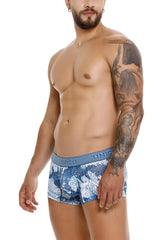 Blue and white patterned unico Barniz trunks with a textured waistband and brand name in color 46 blue