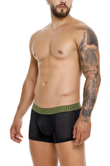 Black mesh unico tribunal trunks with olive green waistband featuring unico brand name in repeating pattern