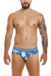 Blue and white patterned men’s briefs with unico logo waistband in barniz fabric for stylish comfort