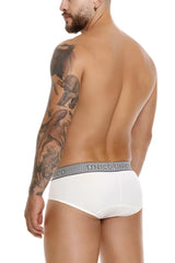 White briefs with a gray elastic waistband featuring the unico brand name in repeating lettering color 02-white