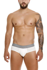 White unico 25020101120 marfil briefs with a gray patterned waistband featuring the unico brand logo in white color
