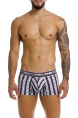 Black and white zigzag patterned tricotosa trunks with gray unico waistband in color 59 stripes